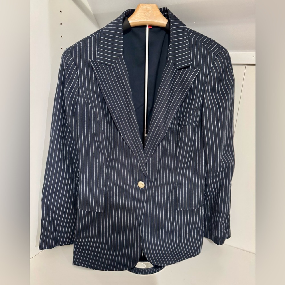 Oscar de la Renta ‘Oscar’ Navy Pinstriped 100% Linen Women’s Blazer, Size 12